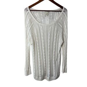 White + Warren White Linen Scoop Neck Long Sleeve Cable Knit Sweater Size XL
